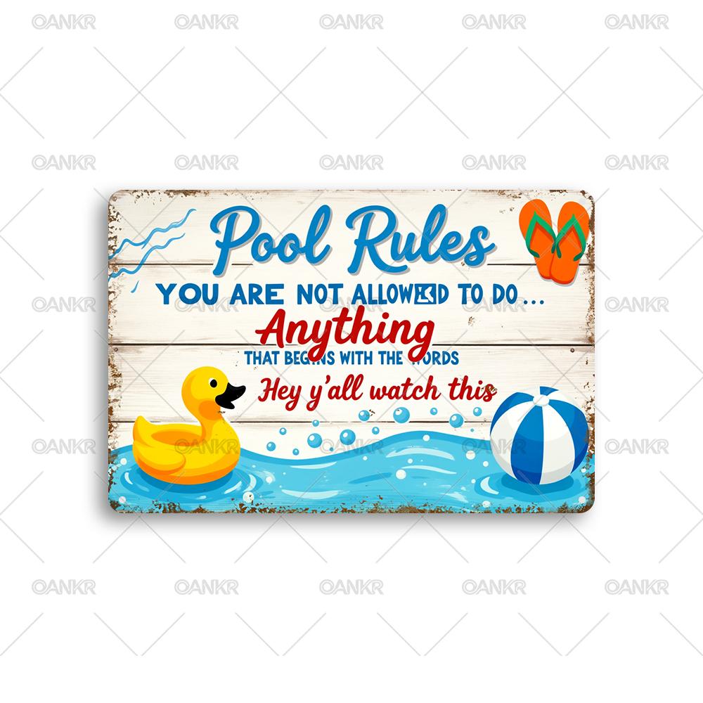 Vintage Pool Art Metal Tin Sign  Pool Rules Duck Ball Flip Flops Posters Metal Signs for Home Swimming Pool Wall Decor 20x30cm（7.8x11.8inch）
