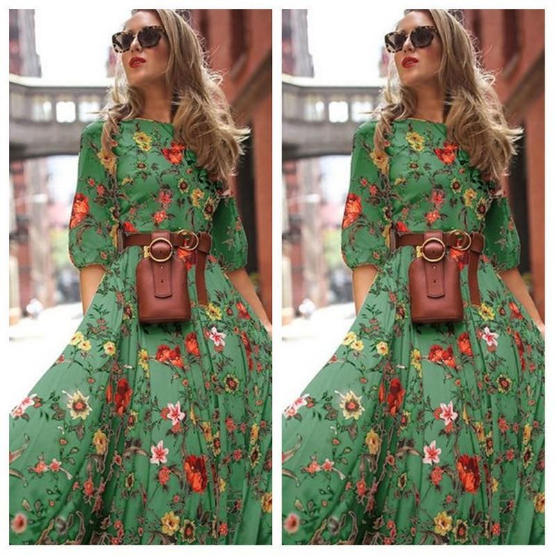 Abito Maxi Vintage a Fiori Stampa Floreale Primavera Moda Donna da Ufficio Elegante Manica Lunga Girocollo Abiti da Donna
