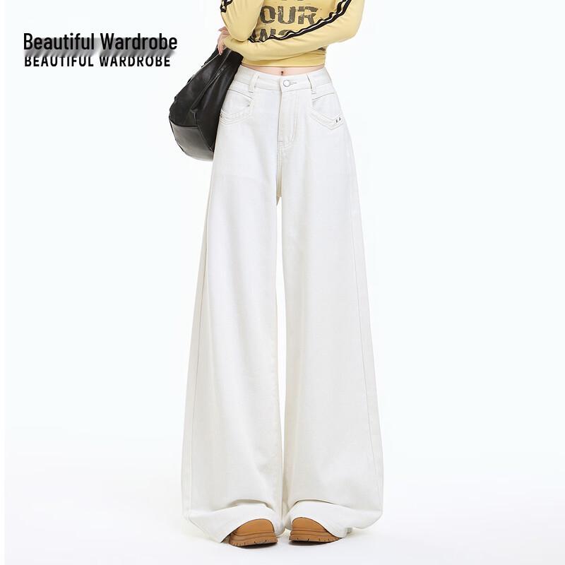 BEAUTIFUL WARDROBE Women s High-Waist Wide-Leg Pure Cotton Jeans L