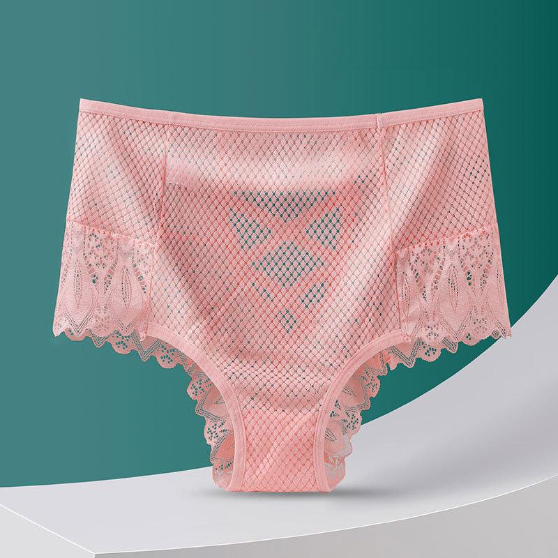 2PCS Sexy Mesh Women Lace Underwear Mid-Rise Briefs Hollow Out G String Underpant Solid Comfortable Female Breathable Lingerie