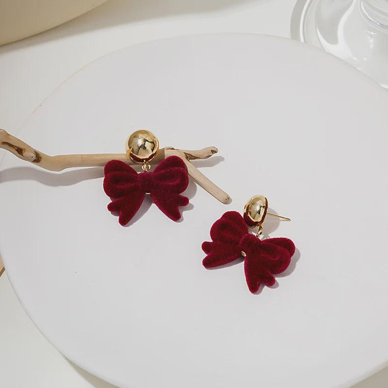 Wine Red Velvet Bow Earrings - Japanese & Korean Retro Furry Design for Autumn/Winter