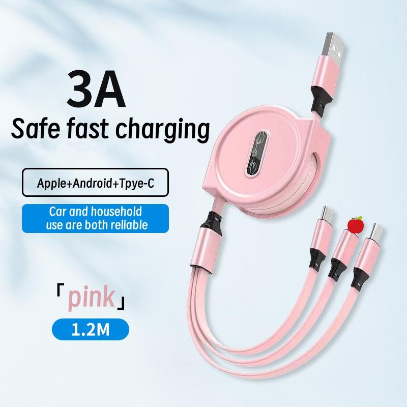 

Кабель Macaroon 3-в-1 для быстрой зарядки мобильных устройств с несколькими головками, пятью регулируемыми передачами, регулируемой длиной и расширяемым кабелем передачи данных розовый