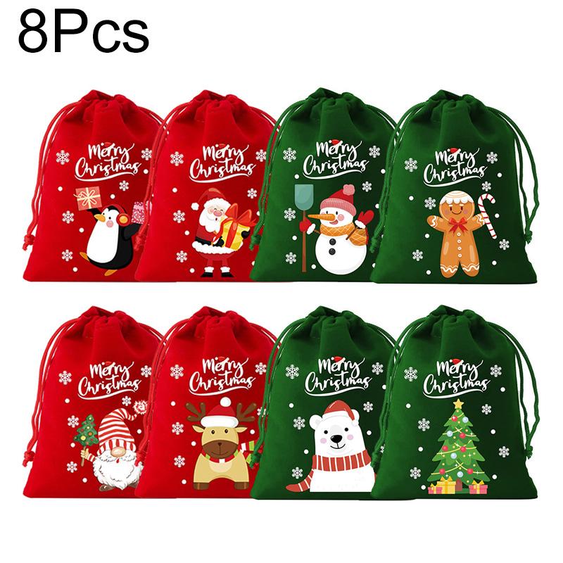 

6/8/12 шт. Подарочные мешочки на кулиске Красные Зеленые с мультяшным узором Упаковочные мешки 2025 для праздничных сувениров Бархатный рождественский мешочек для конфет 10*15cm