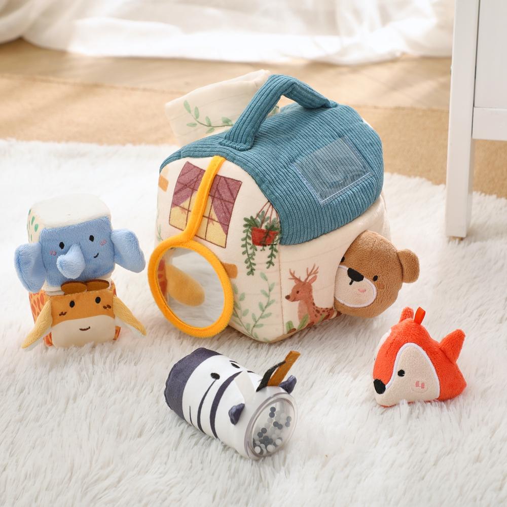 Jouets Montessori pour Bébé Animal de Dessin Animé Boîte Magique en Coton Jeu de Mouvement des Doigts Jouets Sensoriels Cognitifs avec Fonctions Sonores et Miroir