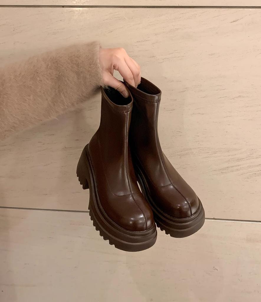 Round Head Rear Zipper Thick Bottom Thin Short Boots Women's Autumn and Winter New Korean Version High Thick Heel Short Tube Muffin Elastic Boots