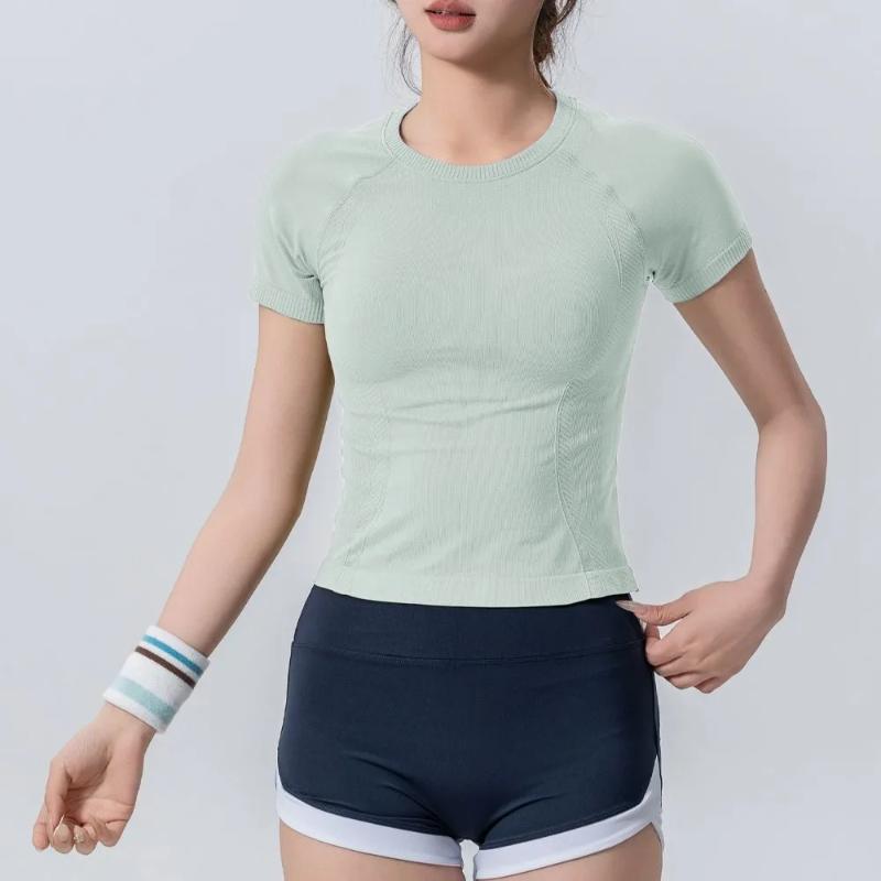 Women's Black Crew Neck Short Sleeve Top Slim Fit Cropped Casual Sports T-Shirt