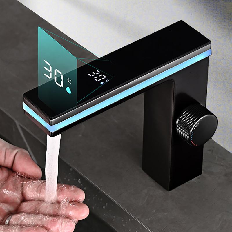 Digital Display Bathroom Basin Faucet Intelligent LED Brass Deck Mounted Washbasin Crane Hot Cold Water Mixer Sink Vanity Tap
