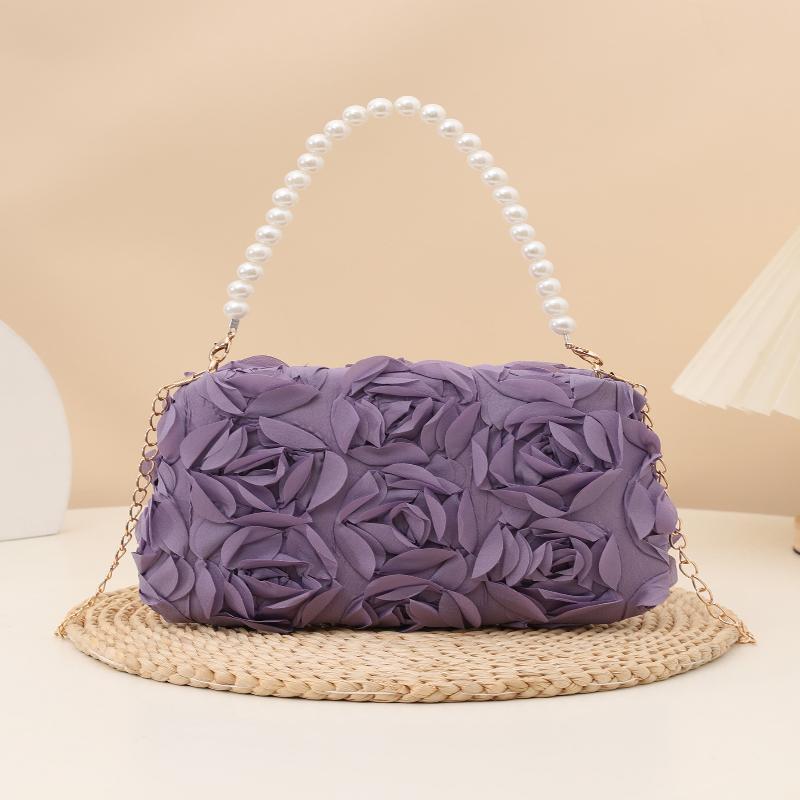 Elegant Women 3D Rose Floral Shoulder Bag Romantic Flower Pattern Pearl Handle Detachable Chain for Prom Graduation