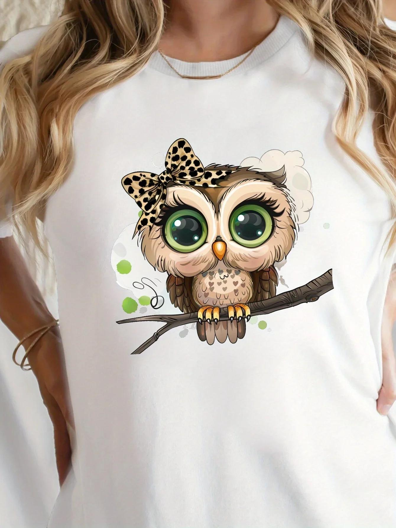 

Cartoon Owl Print Round Neck Tshirt Retro Cute Casual Short Sleeved Top for Spring and Summer Womens Clothing Pattern Tshirt S