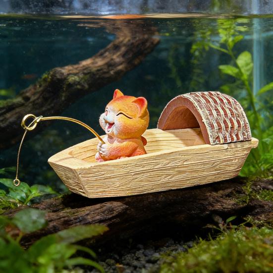 Floating Fishing Cat Figurine Black Awning Boat Cartoon Cat Statue Resin Sculpture Fish Tanks Aquarium Micro Landscaping Decoration Ornament