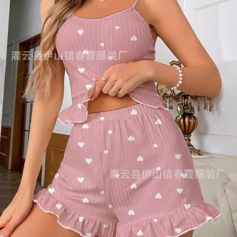 European and American new printed pajamas suspender shorts two-piece set sexy loungewear autumn and winter suit women S