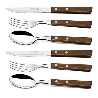 Tramontina Traditionelles Besteck-Tischset mit Holzgriff, gemischte Farben, Tafelmesser + Tafellöffel + Tafelgabel, 2 Sets, beliebtes koreanisches Tafelgeschirr