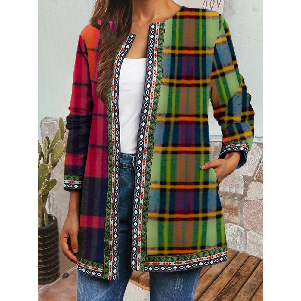 GMXIA Herbst Winter Vintage Ethnischer Stil Druck Übergröße Jacke Strickjacke Damenbekleidung