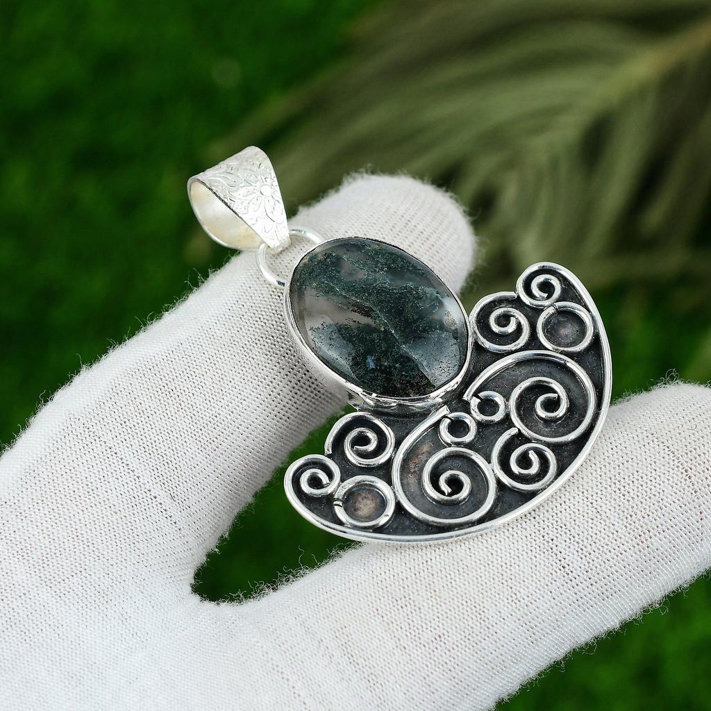 925 Sterling Silver Oval Natural Solar Moss Agate Art Deco Mother Trendy Pendant