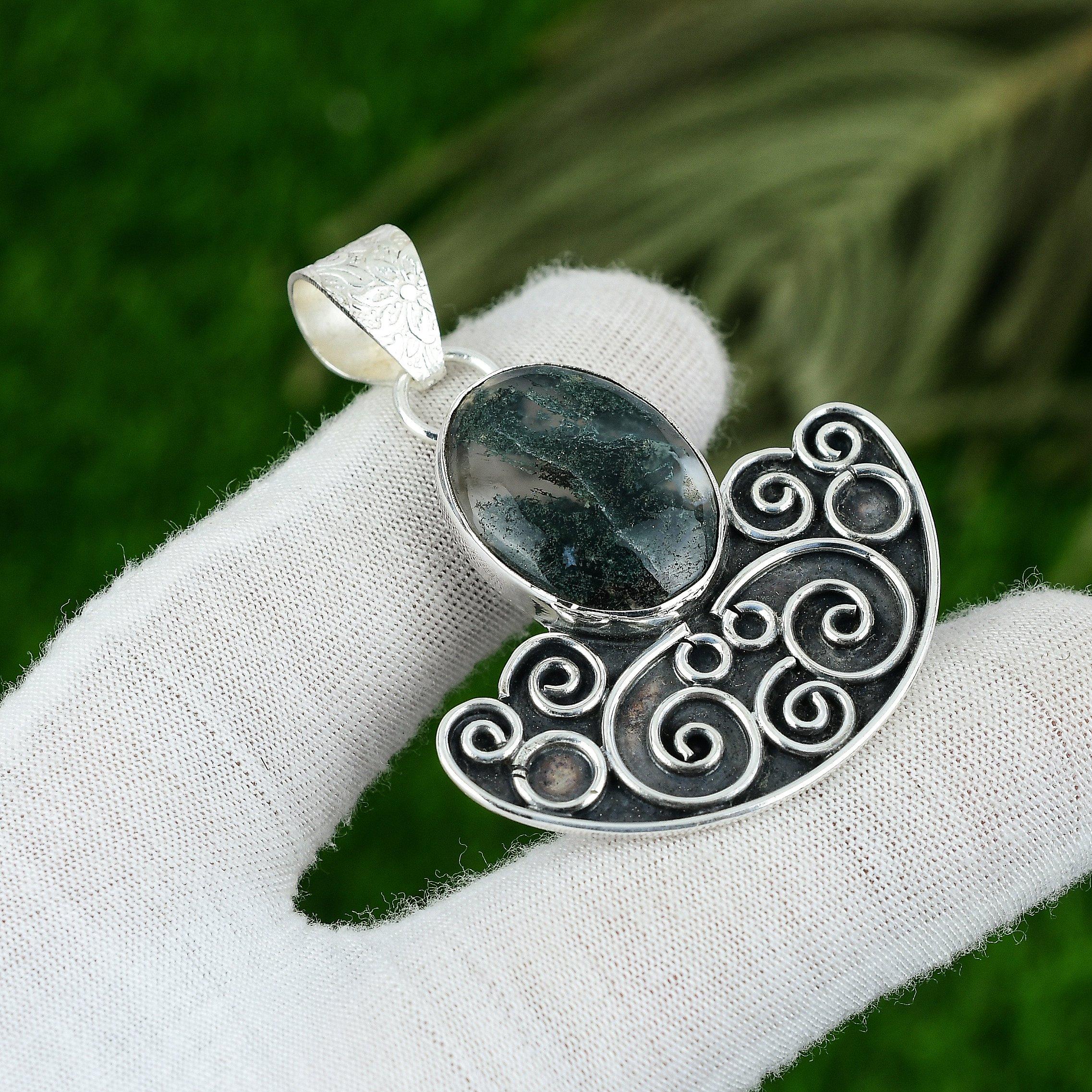 

925 Sterling Silver Oval Natural Solar Moss Agate Art Deco Mother Trendy Pendant