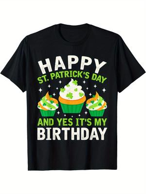 St Patrick Day Birthday Cupcake Graphic Men's Cotton Crewneck T-Shirt Casual Daily Tee