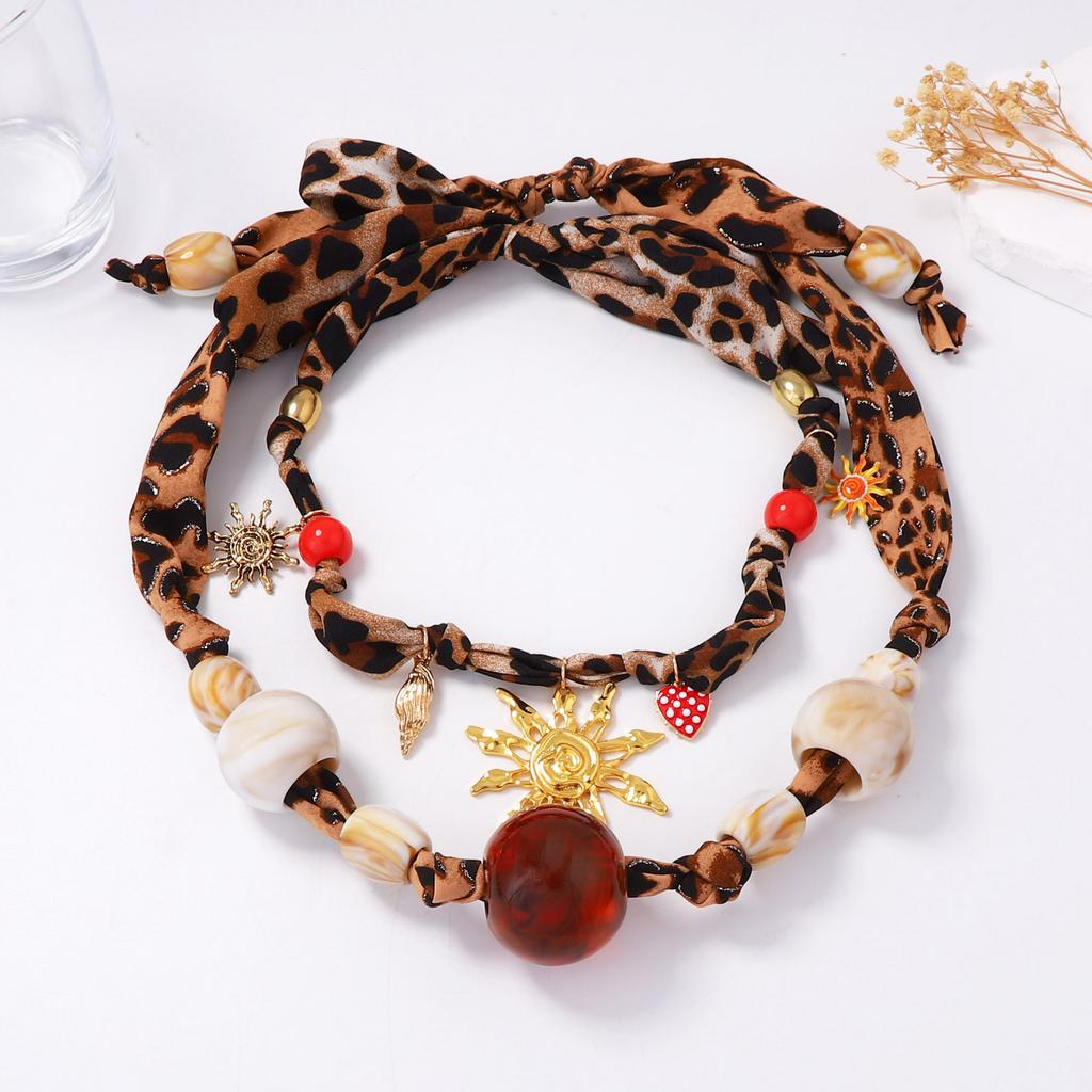 European and American Personality Trends Maillard Leopard Print Exaggerated Geometric Large Transparent Round Bead Pendant Double Layer Stacked