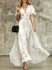 European and American Summer Elegant and Sexy Deep V-neck Lotus Leaf Sleeve Bohemian Print Dress