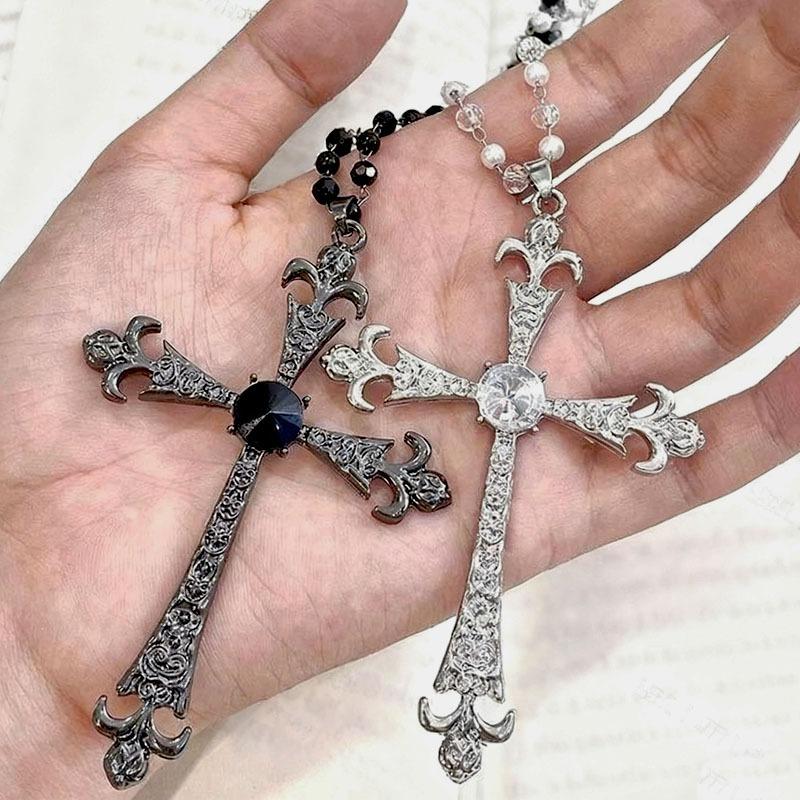 New Vintage Gothic Cross Necklace Collarbone Necklace Fashion Long Statement Choker Zirconia Unique Style for Women Men