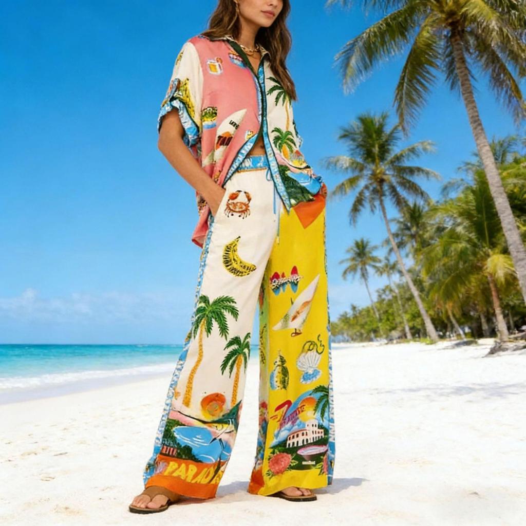 Spring/Summer Light Luxury Printed Cardigan & Casual Two-Piece Set - Women's European & American Style