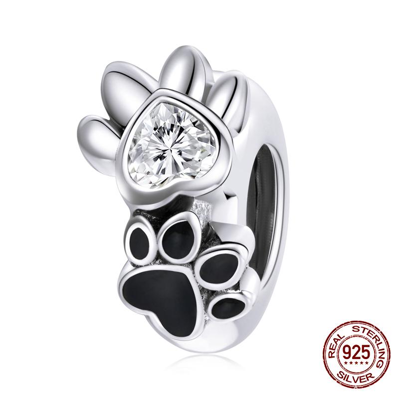 WOSTU 100% 925 Silver Cute Kitty Black Cat Charms Animal Bead for Women Fit DIY Bracelet Necklace Jewelry Gift