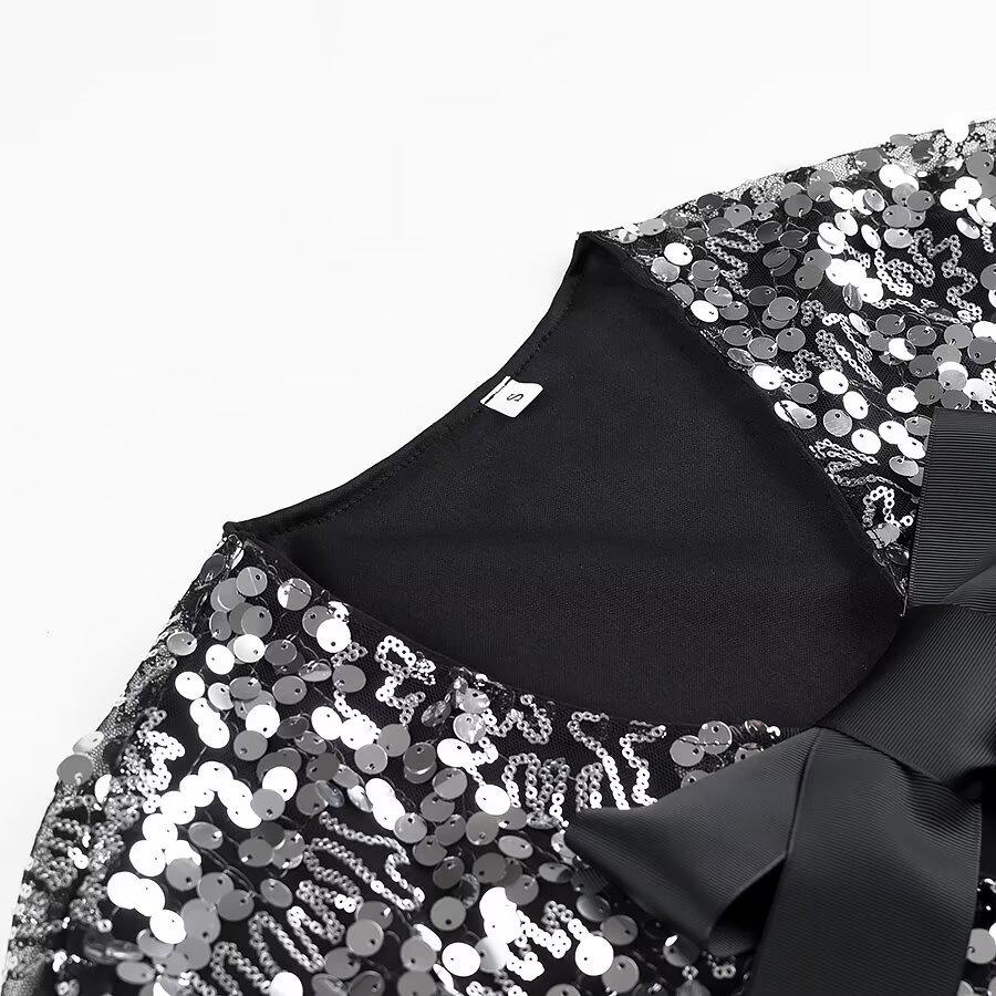 2025 Spring Women's European & American Style Versatile Bow Sequin Top