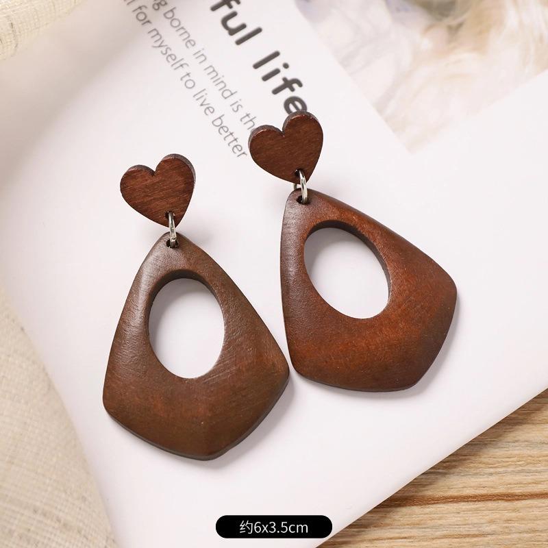 Vintage brown coffee wood stud earrings niche Maillard exaggerated round earrings earrings earrings women