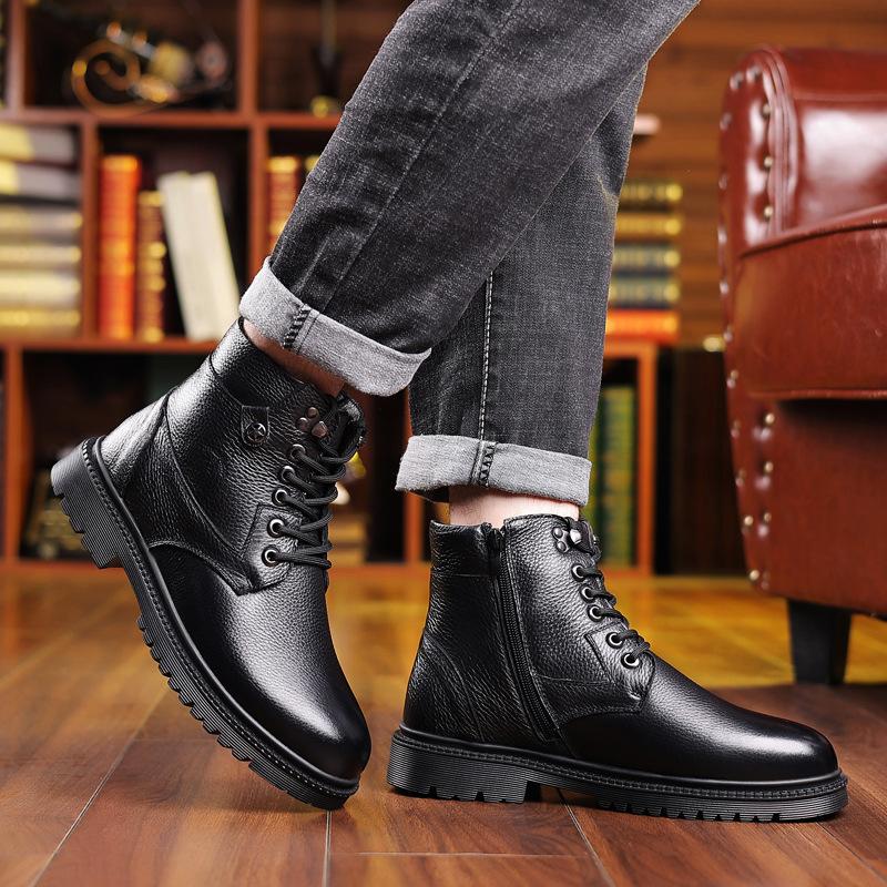 Martin Boots Men's Winter Black Tooling British Style Recreational Locomotive Leather Boots Men's Non-slip Velvet Thermal Cotton Boots