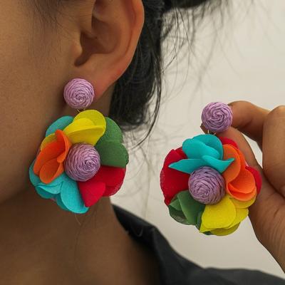 Boho Flower Dangle Earrings Women Fabric Flower Drop Earrings Handmade Lightweight Floral Dangle Earrings for Vacation Summer Beach