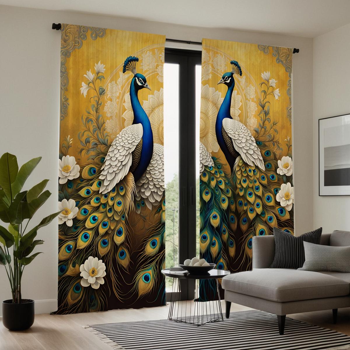 

2 шт. HD лесной зеленый белый павлин цветок богатые декоративные занавески желтые цифровые печатные занавески украшение дома стиль де W52H63inchW132H160cm