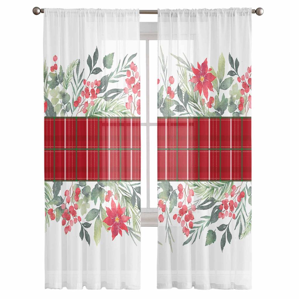 Weihnachtspflanzen Blätter Beeren Blumen Transparente Vorhänge Moderner Gaze-Vorhang für Wohnzimmer Schlafzimmer Voile-Garn-Vorhänge