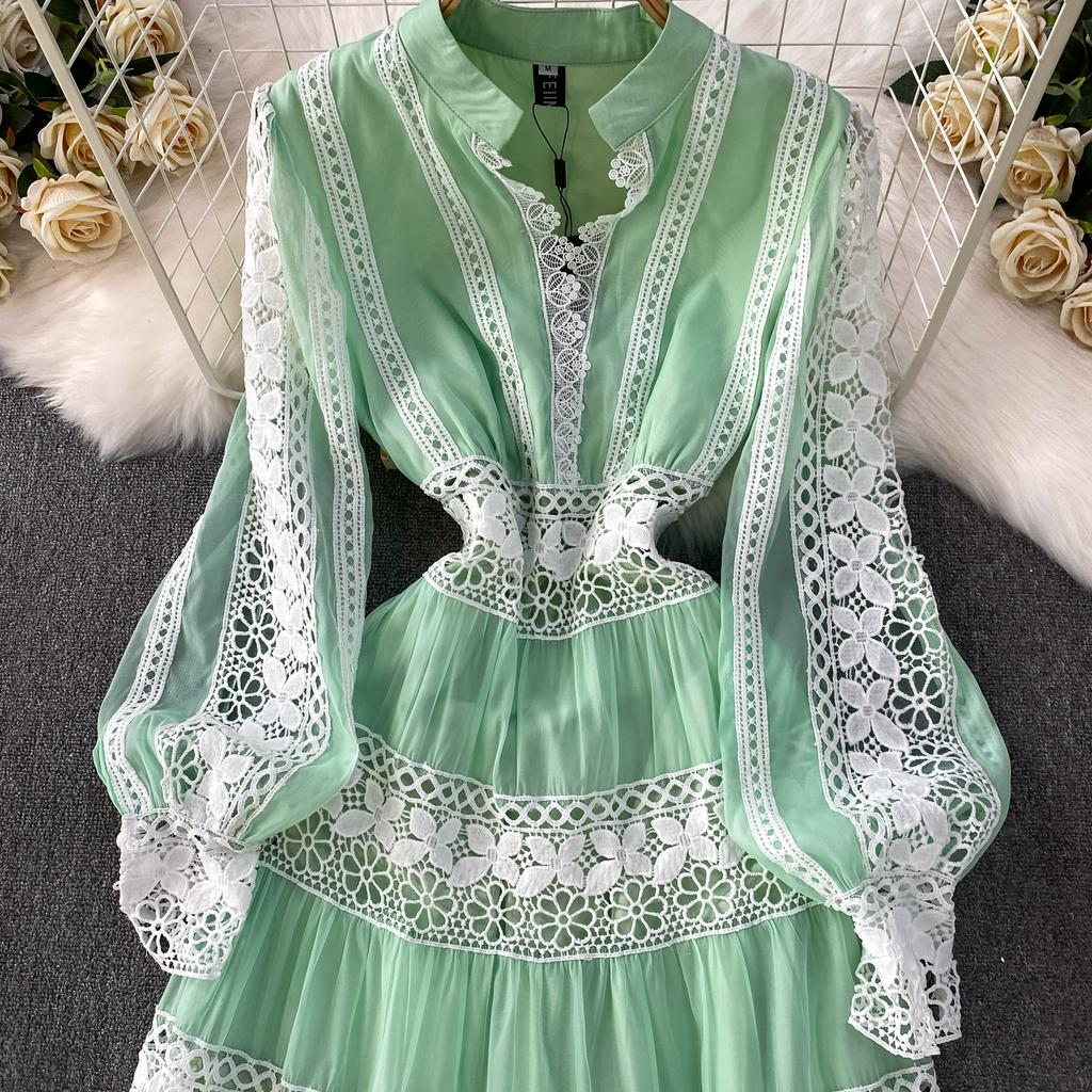 Vestidos de Noite de Baile de Outono de Designer de Luxo Vazados Bordados Para Mulheres Renda Patchwork Decote em V Manga Longa Lanterna Maxi Robe