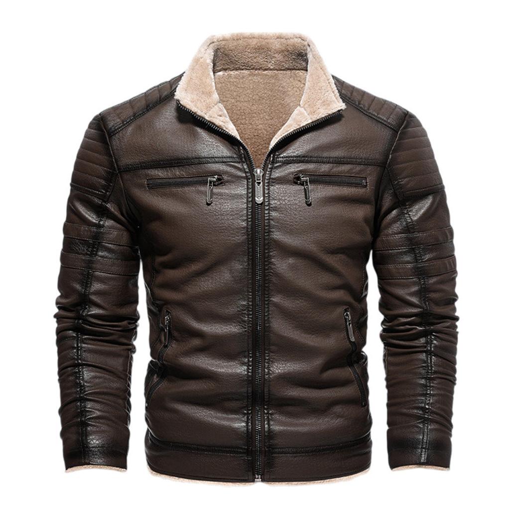 Men's Multi-Pocket Plush Thickened PU Leather Jacket Vintage Business Casual Jacket