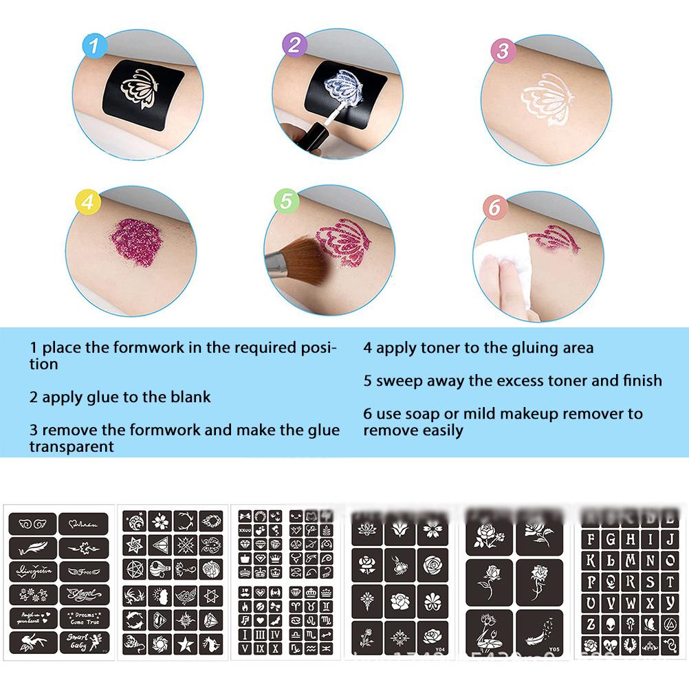 Glitter Tattoo Kit 24 Color Temporary Flash Tattoos Set for Kids and Adults Body Nail Glitter Art Paint for Festivals