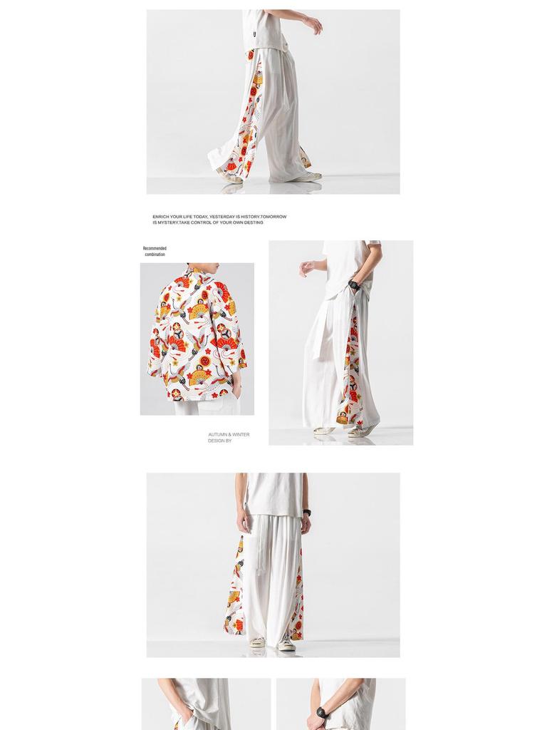 2021 Summer Retro Plus Size Men's Zen Cotton Linen Pants - Multi-Color Fashion Print