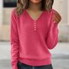 Women's Fashion V-Neck Button-Front Long-Sleeved Knit Top Solid Colour Loose-Fit Blouse