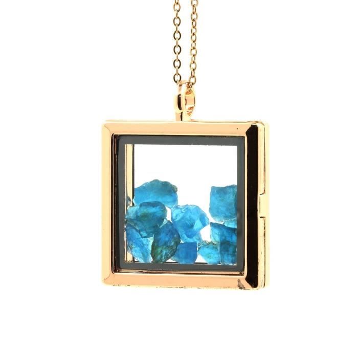 Collier Apatite bleu neon brut - ABIJOUX - Modèle carré - Cristal - Acier inoxydable - Verre flotté