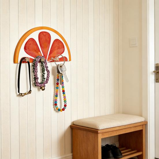 Wall-Mounted Key Hanger Semi-Circular Orange Slice Design Coat Hanger Entrance Key Hanger with 4 Hooks for Bedroom Bathroom