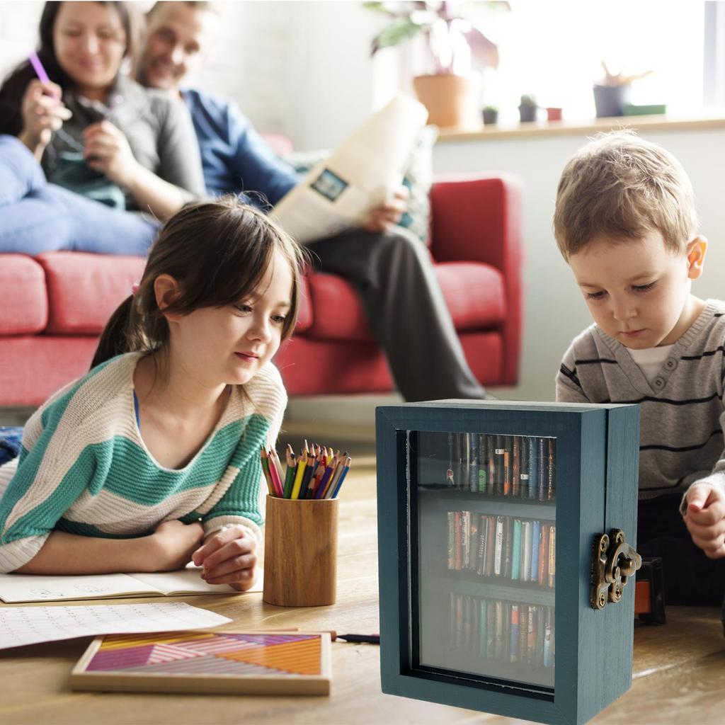 Mini Anxiety Bookshelf, Wood Shake Bookshelf Shake Miniature Book Library with 60Pcs Miniature Books Stress Reliever Bookshelf