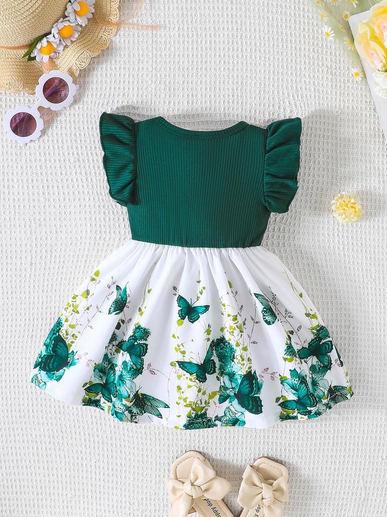 Infant Toddler Girl Floral Butterfly Dress, Ruffle Sleeve Bow Accent Dress, Casual Summer Outfit 6-36M