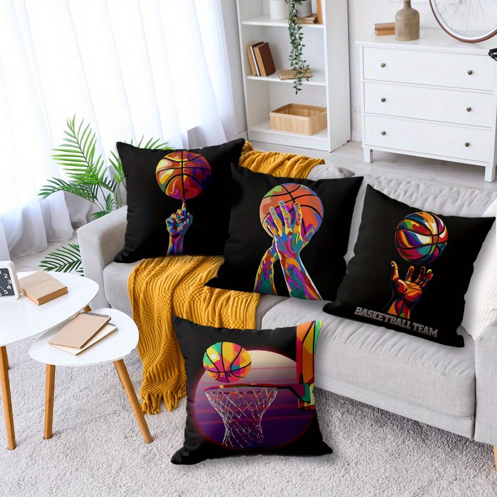4Pcs Pop Art Basketball Throw Pillow Covers, Colorful Basketball Hand & Hoop Print Cushion Cases, Basketball Fan Home Decor