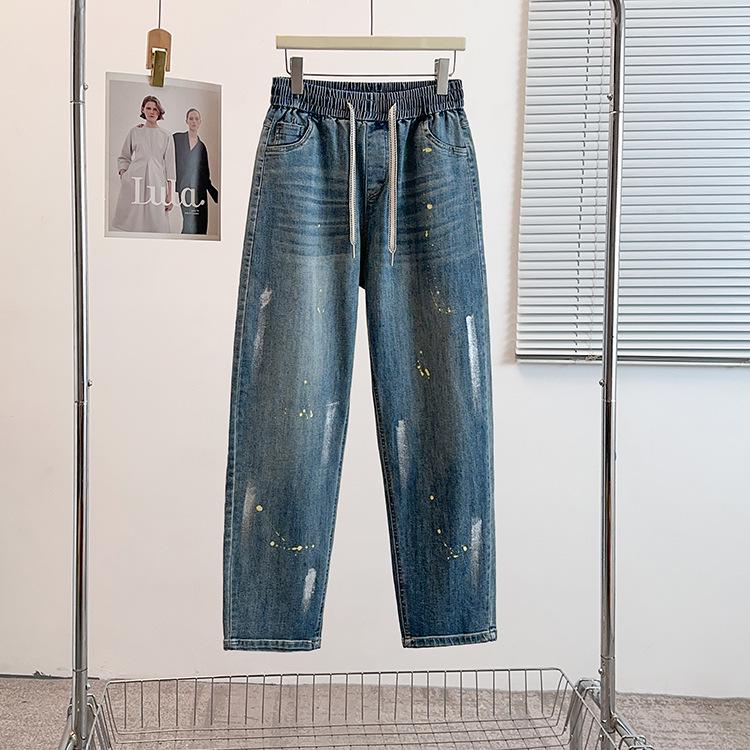 

Early Spring Retro Washable Plus Size Casual Drawstring Jeans for Women 4XL (140-160 Jin) синій