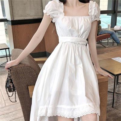 Summer Bubble Sleeve Square Collar Long Fairy Dress High Waist French Retro Dress Women Casual Fashion Dress