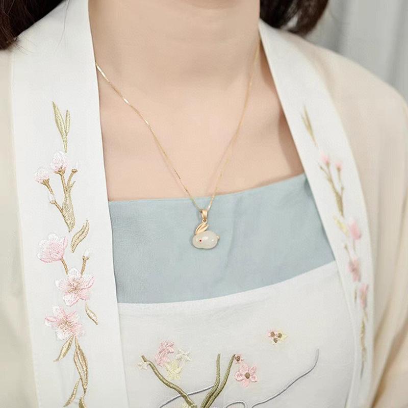 Hetian Jade Rabbit Necklace Female Summer Light Luxury Niche Design Sense Jade Rabbit Stainless Steel Clavicle Chain