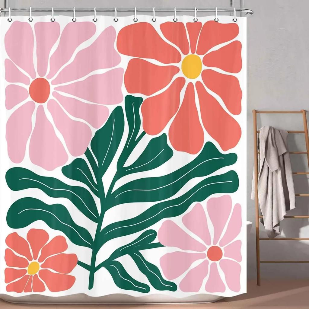 Vintage Flower Abstract Shower Curtain Cute Color Flower Plant Simple Style Fabric Bathroom Decorative Shower Curtain