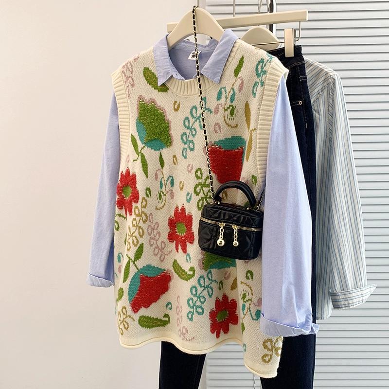 DIMANAF 2024 Autumn Women Sleeveless Vest Printing Sweaters Knitting Casual Style Loose Sweater