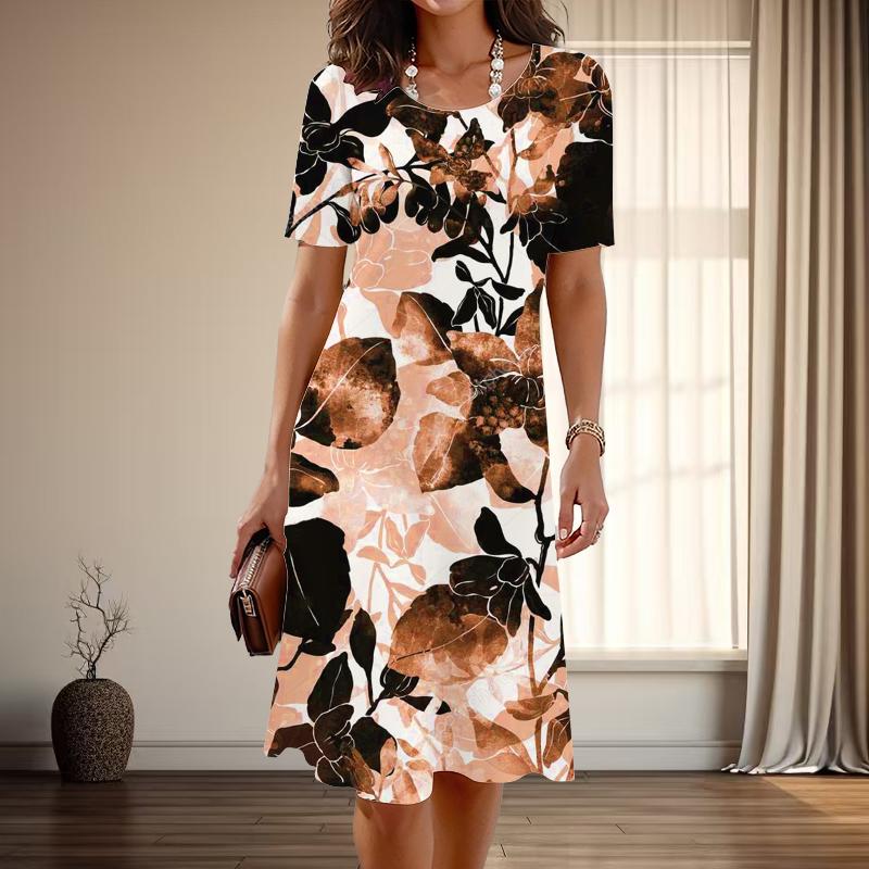 Women's Fashion Graceful Leaf Print Summer Spring Short Sleeve O-Neck Casual Dresses