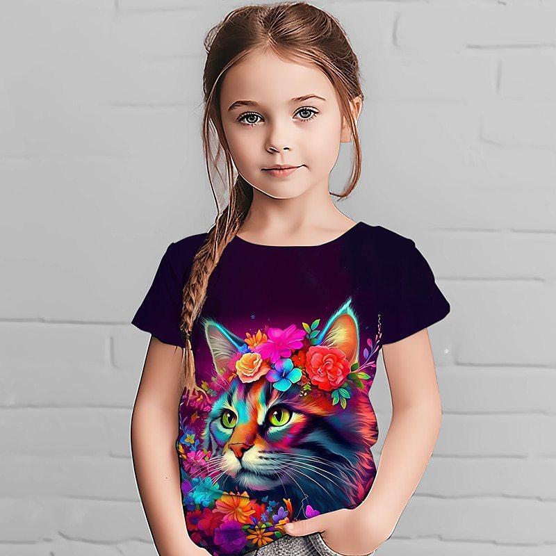 Summer New Cute Cat T-shirt 3-14 Year Old Children's 3D Cartoon Anime Pattern Children's Girls Boys Fashion Short Sleeves