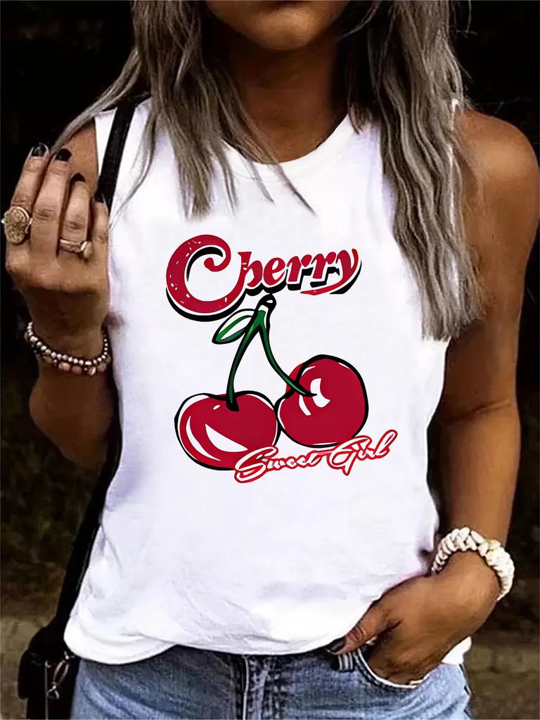 T-shirt Cherry Design Printed Vest Graphic Print Tank Top Women’s Sleeveless Crew Neck Casual Top for Summer Spring