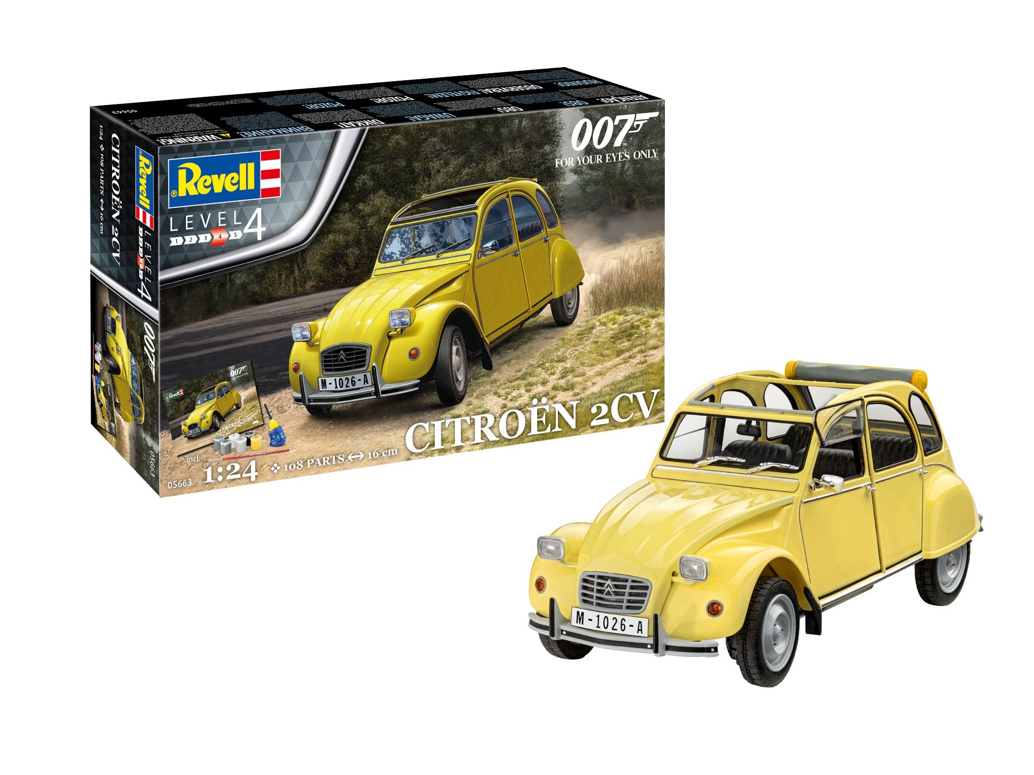 

Revell Gift Set 05663 James Bond 007 For Your Eyes 2 Scale Unbuilt Plastic Model Kit with Accessories Yellow Only, Citroën CV, 124 & Poster, чёрный
